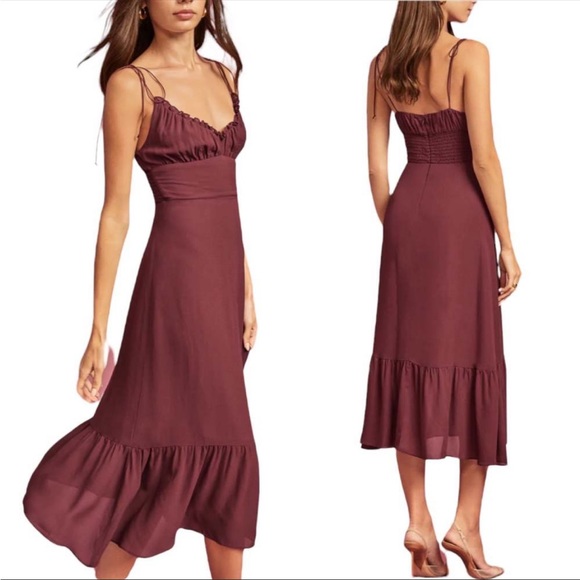Reformation Dresses & Skirts - REFORMATION Embry Dress Burgundy Plum Sleeveless Ruffle Tie Straps Chiffon 8 NWT